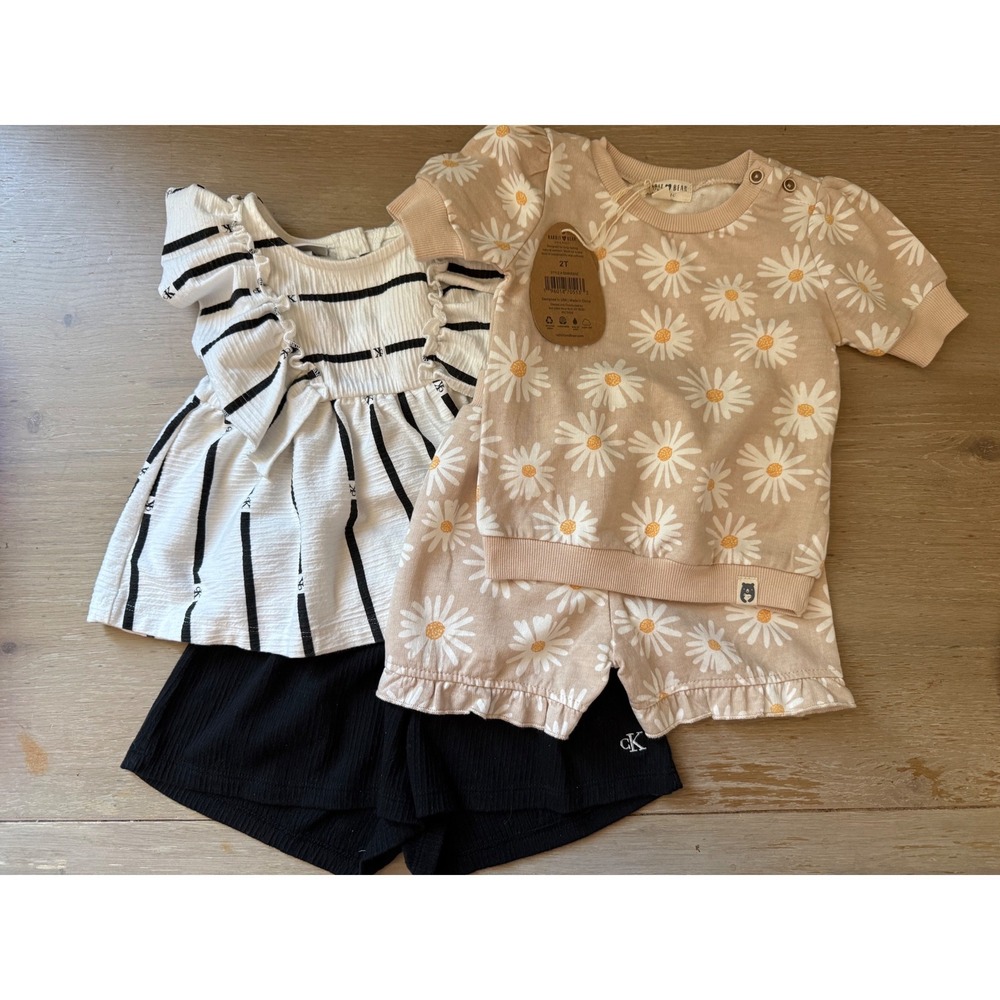 Toddler Girl 2T Bundle Calvin Klein Striped Set, Rabbit Bear Organic Daisy Set